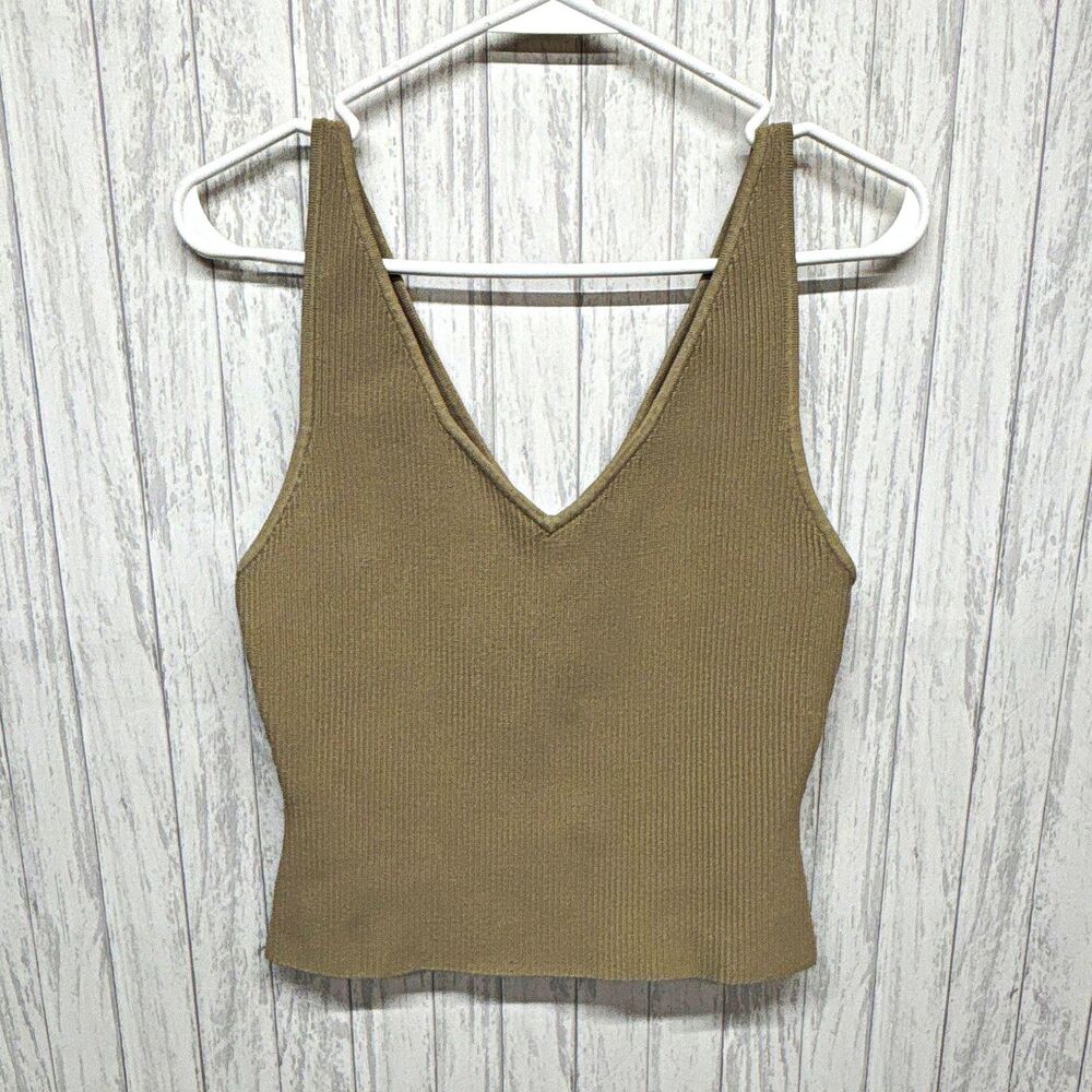 Womens Size L Babaton Beige Knit Ribbed V Neck Cropped Tank Wide Strap
